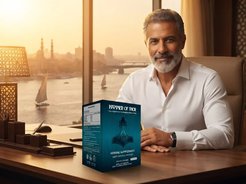 رجل واثق في مكتبه المطل على النيل مع عبوة هامر أوف ثور